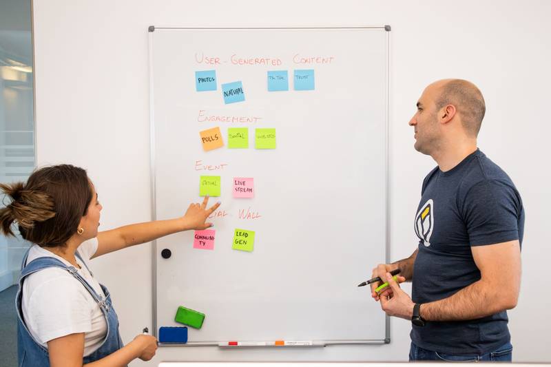 Team reviewing a process on a whiteboard